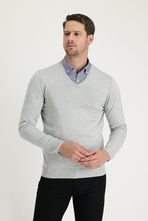 Light Grey Melange V-Neck Regular Fit Knitted Sweater