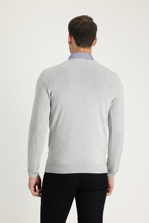 Light Grey Melange V-Neck Regular Fit Knitted Sweater