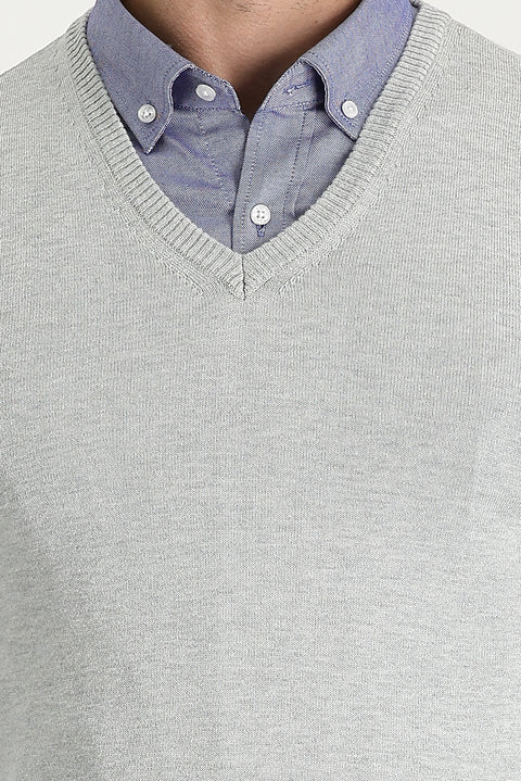 Light Grey Melange V-Neck Regular Fit Knitted Sweater