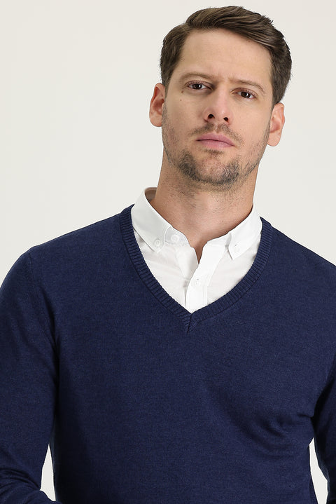 Medium Navy Melange V-Neck Regular Fit Knitted Sweater