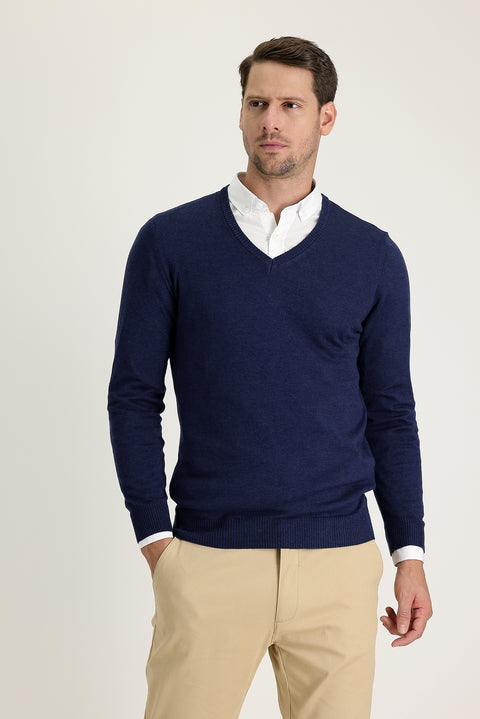 Medium Navy Melange V-Neck Regular Fit Knitted Sweater