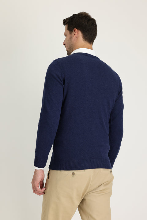 Medium Navy Melange V-Neck Regular Fit Knitted Sweater