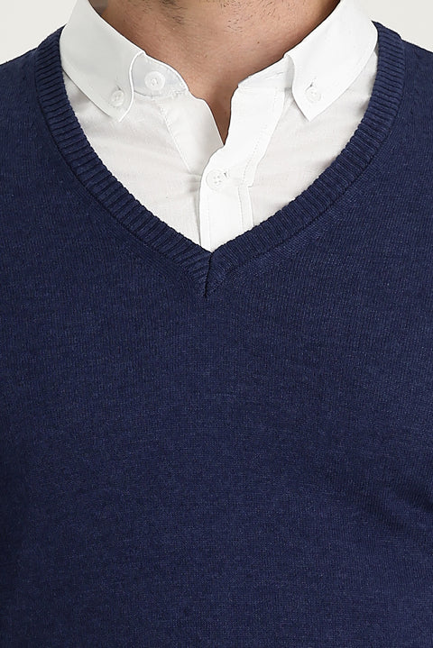 Medium Navy Melange V-Neck Regular Fit Knitted Sweater