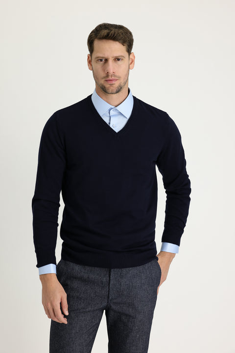 Dark Navy V-Neck Regular Fit Knitted Sweater