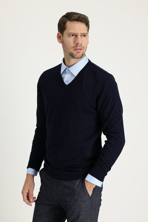 Dark Navy V-Neck Regular Fit Knitted Sweater