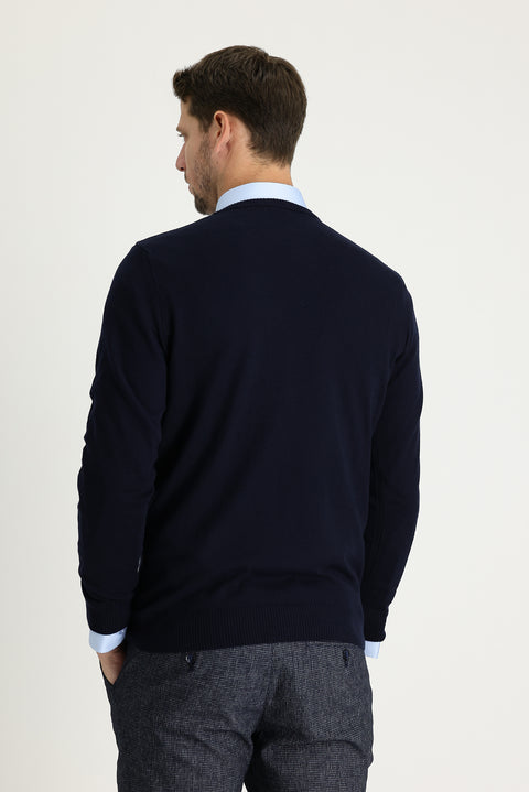 Dark Navy V-Neck Regular Fit Knitted Sweater