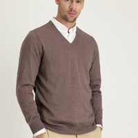 Light Brown Melange V-Neck Regular Fit Knitted Sweater
