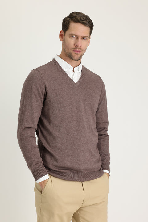 Light Brown Melange V-Neck Regular Fit Knitted Sweater