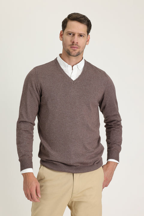 Light Brown Melange V-Neck Regular Fit Knitted Sweater