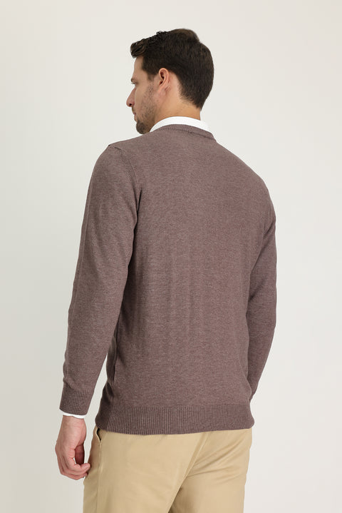Light Brown Melange V-Neck Regular Fit Knitted Sweater
