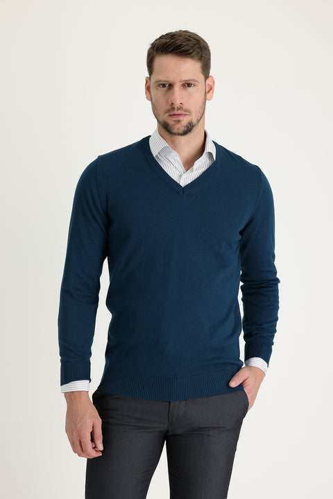 Medium Petrol V-Neck Regular Fit Knitwear Sweater