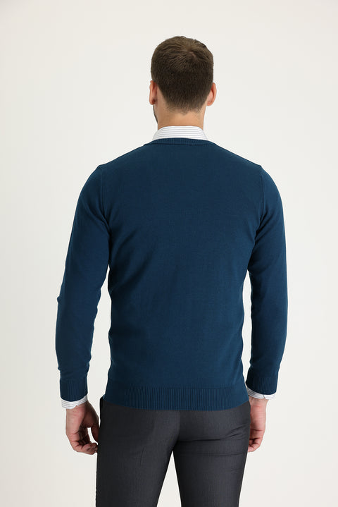 Medium Petrol V-Neck Regular Fit Knitwear Sweater