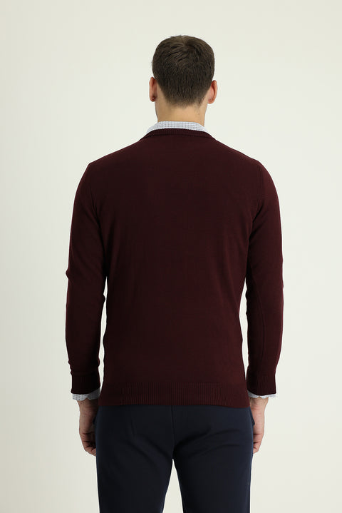 Koyu Bordo V Yaka Regular Fit Triko Kazak