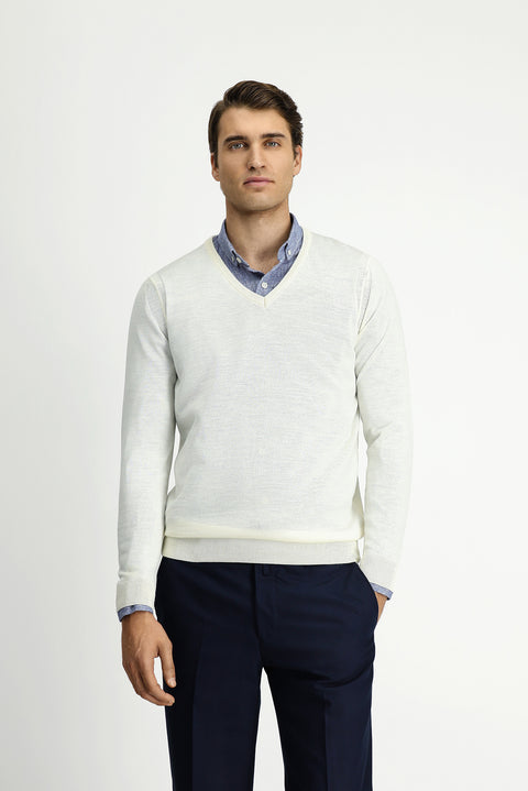 Off-White V-Neck Regular Fit Wool Knit Sweater