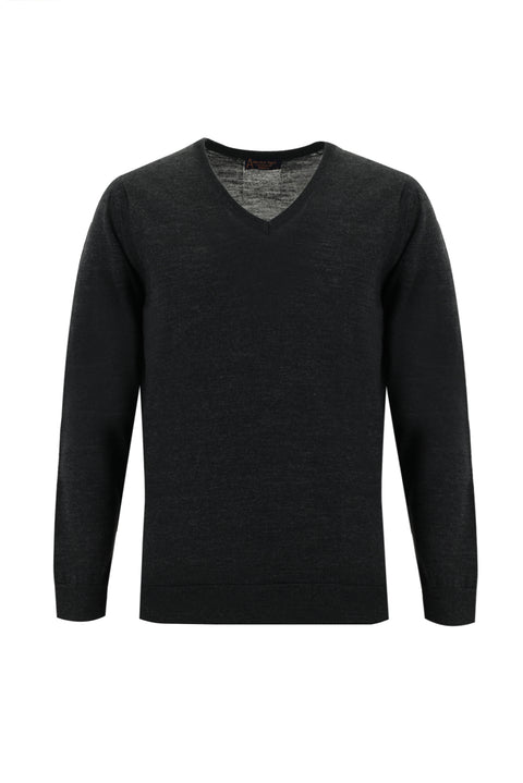 Medium Anthracite V-Neck Regular Fit Wool Knit Sweater