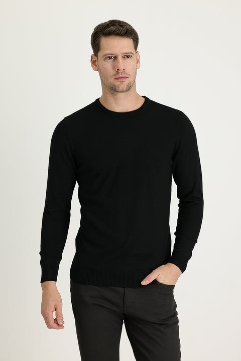 Siyah Bisiklet Yaka Regular Fit Triko Kazak
