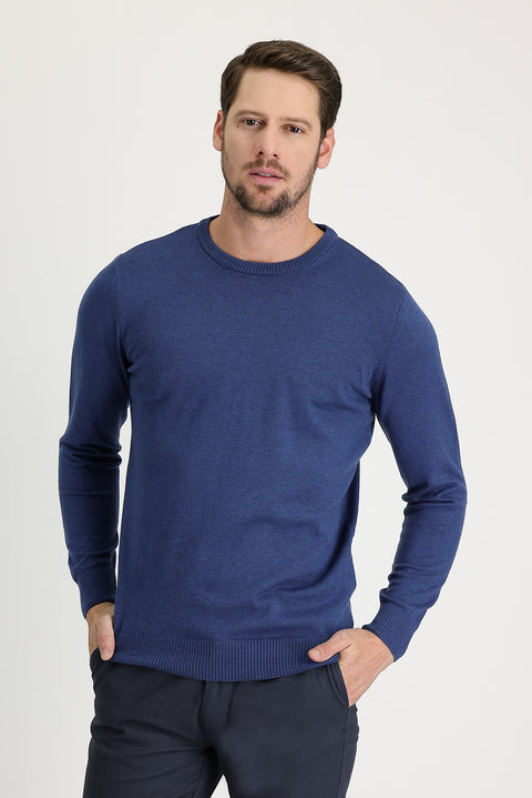İndigo Melanj Bisiklet Yaka Regular Fit Triko Kazak