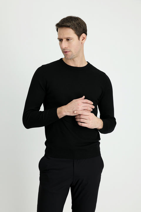 Siyah Bisiklet Yaka Slim Fit Dar Kesim Pamuklu Triko Kazak