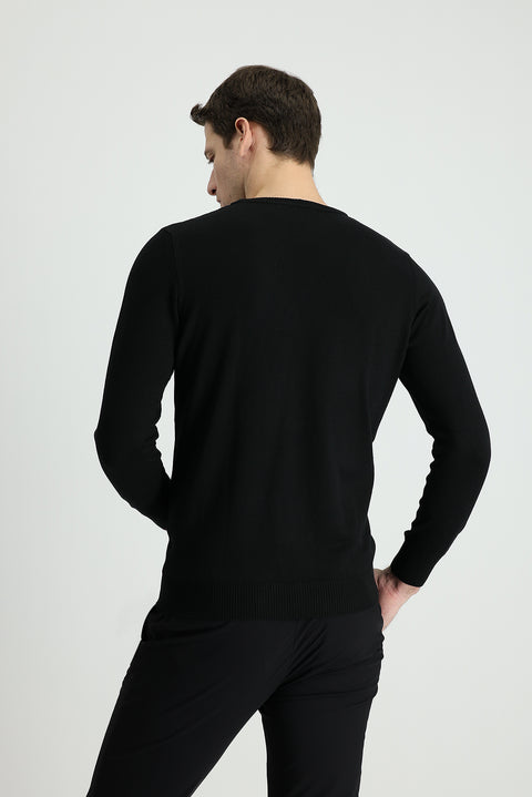 Siyah Bisiklet Yaka Slim Fit Dar Kesim Pamuklu Triko Kazak
