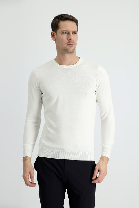 Ekru Bisiklet Yaka Slim Fit Dar Kesim Pamuklu Triko Kazak
