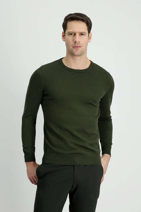 Orta Haki Bisiklet Yaka Slim Fit Dar Kesim Pamuklu Triko Kazak
