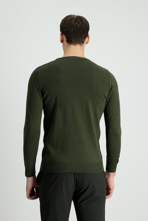 Orta Haki Bisiklet Yaka Slim Fit Dar Kesim Pamuklu Triko Kazak