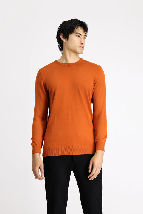 Medium Orange Crew Neck Slim Fit Narrow Cut Cotton Knit Sweater