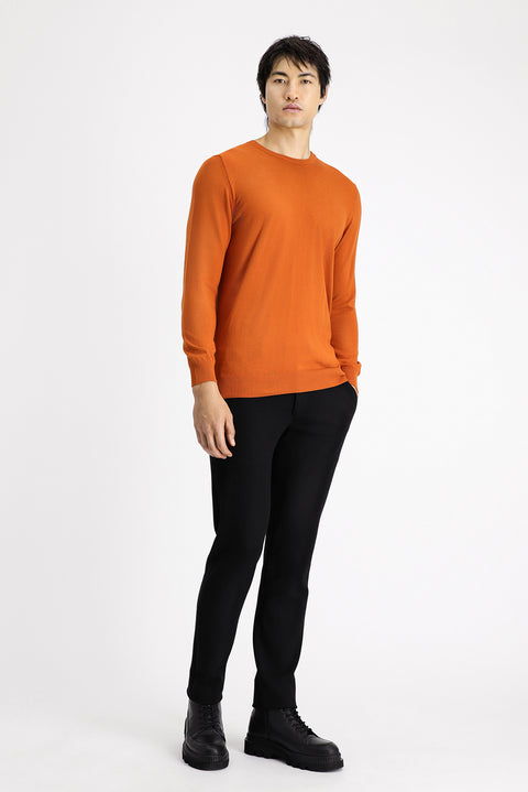 Medium Orange Crew Neck Slim Fit Narrow Cut Cotton Knit Sweater