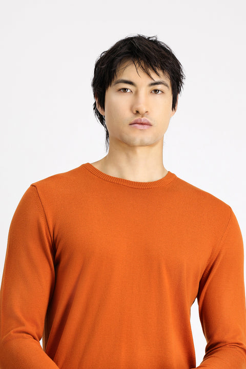 Medium Orange Crew Neck Slim Fit Narrow Cut Cotton Knit Sweater
