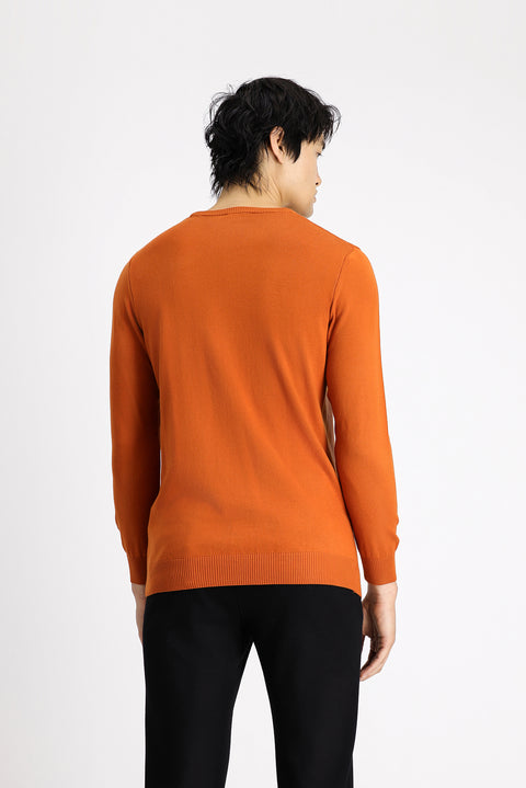 Medium Orange Crew Neck Slim Fit Narrow Cut Cotton Knit Sweater
