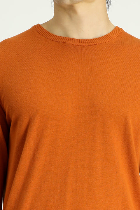 Medium Orange Crew Neck Slim Fit Narrow Cut Cotton Knit Sweater