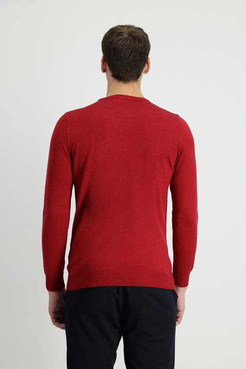 Koyu Kırmızı Bisiklet Yaka Slim Fit Dar Kesim Pamuklu Triko Kazak