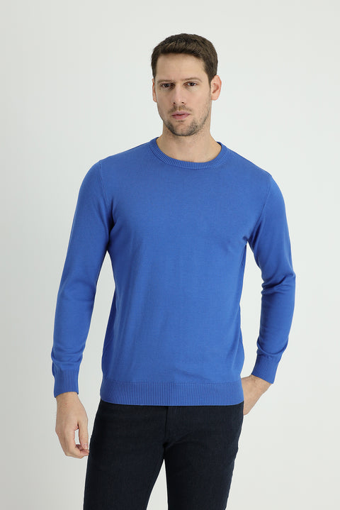 Dark Blue Crew Neck Regular Fit Cotton Knit Sweater