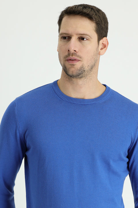Dark Blue Crew Neck Regular Fit Cotton Knit Sweater