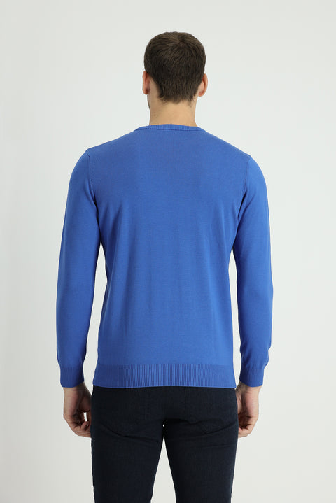 Dark Blue Crew Neck Regular Fit Cotton Knit Sweater