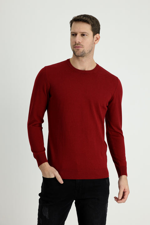 Light Burgundy Crew Neck Regular Fit Cotton Knit Sweater