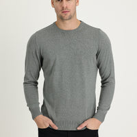 Medium Grey Melange Crew Neck Regular Fit Cotton Knit Sweater