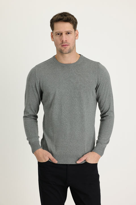 Medium Grey Melange Crew Neck Regular Fit Cotton Knit Sweater