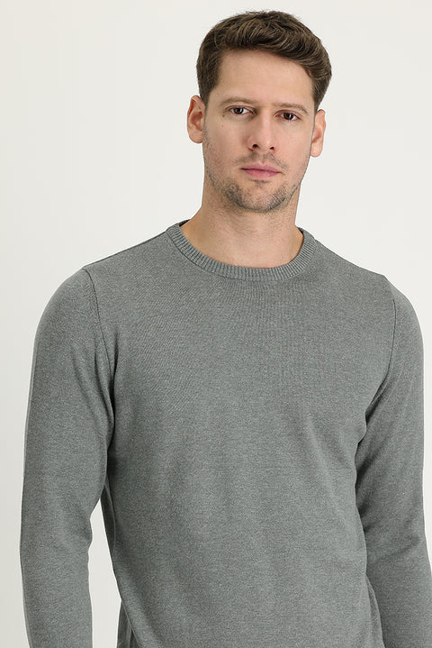 Medium Grey Melange Crew Neck Regular Fit Cotton Knit Sweater
