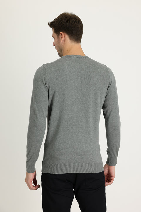 Medium Grey Melange Crew Neck Regular Fit Cotton Knit Sweater
