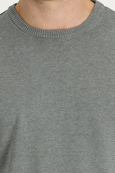 Medium Grey Melange Crew Neck Regular Fit Cotton Knit Sweater