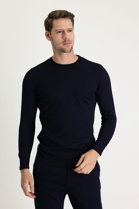 Dark Navy Crew Neck Regular Fit Cotton Knit Sweater