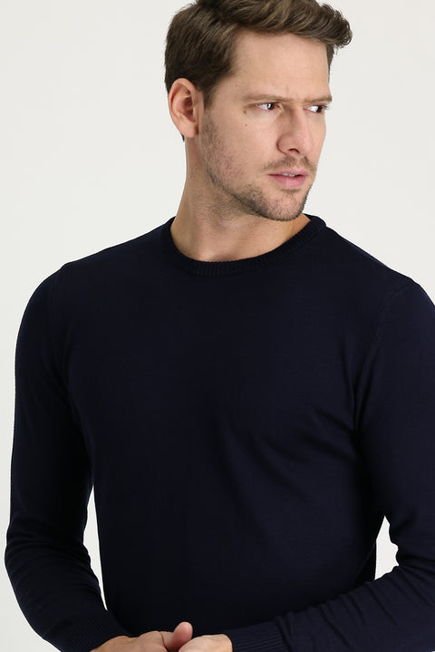 Dark Navy Crew Neck Regular Fit Cotton Knit Sweater