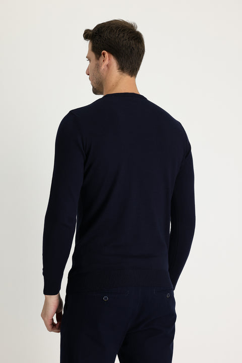 Dark Navy Crew Neck Regular Fit Cotton Knit Sweater