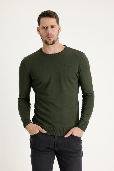 Orta Haki Bisiklet Yaka Regular Fit Triko Kazak