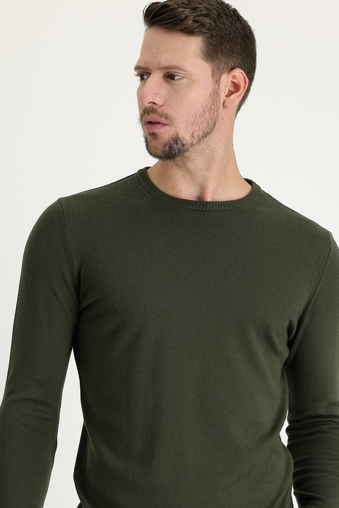 Orta Haki Bisiklet Yaka Regular Fit Triko Kazak