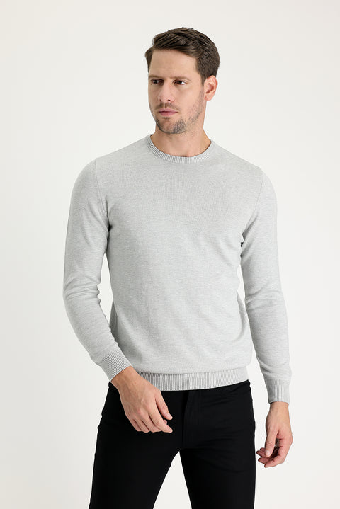Light Grey Melange Crew Neck Regular Fit Knitted Sweater