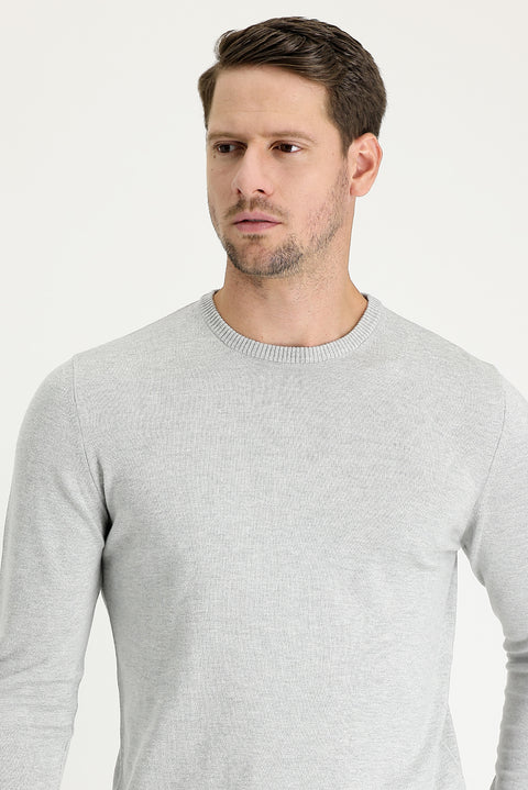 Light Grey Melange Crew Neck Regular Fit Knitted Sweater