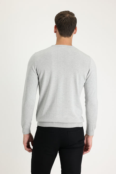 Light Grey Melange Crew Neck Regular Fit Knitted Sweater