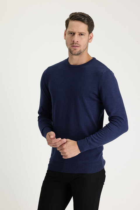 Medium Navy Melange Crew Neck Regular Fit Knitted Sweater